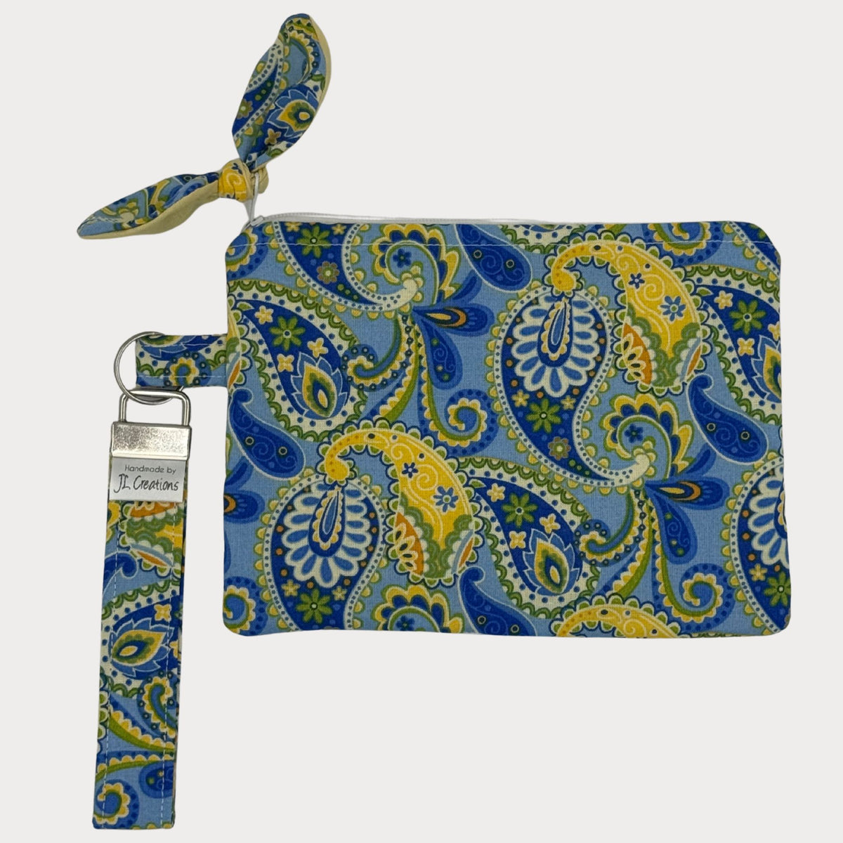 Wristlet Purse with attached Key Fob - Blue Paisley Bloom