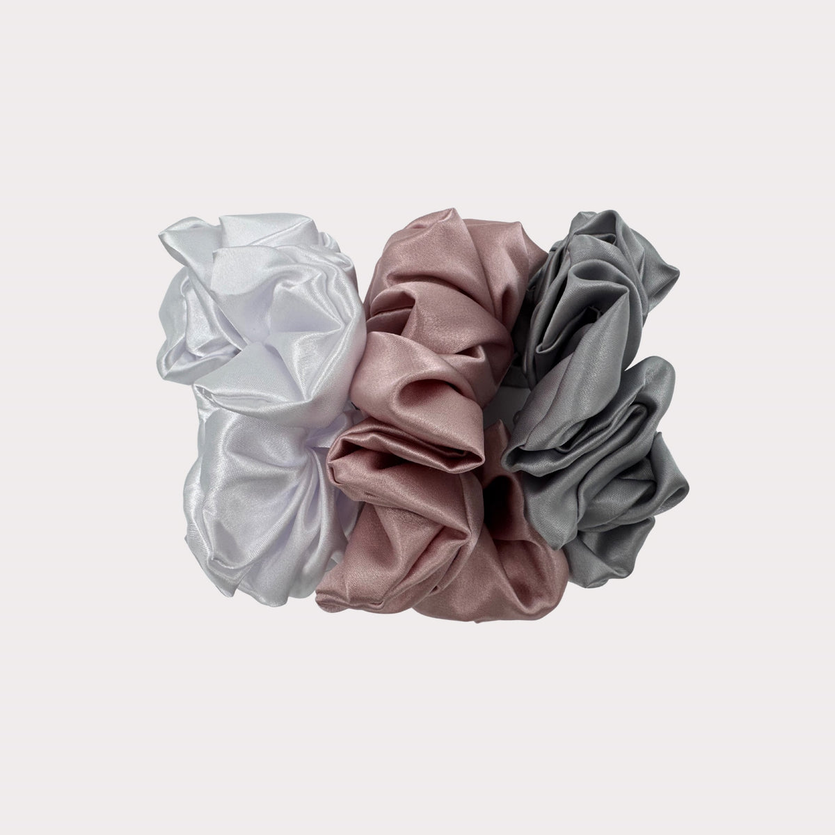 Scrunchies 3 Pack- Dusty Pink, Silver Blue & Soft Pearl Satin